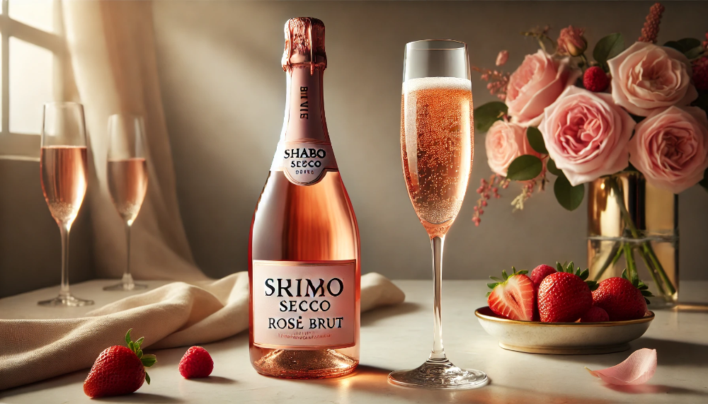 Пляшка ігристого Shabo Primo Secco Рожеве Брют з келихом на мармурі в оточенні ягід та квітів