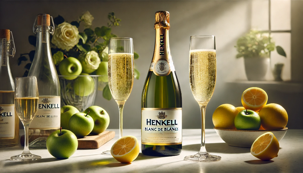 Елегантна пляшка Henkell Blanc de Blancs з келихами на мармуровому столі з делікатним фруктовим декором