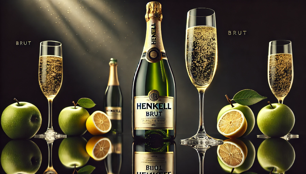 Елегантна пляшка Henkell Brut з келихами на темній дзеркальній поверхні в оточенні свіжих фруктів