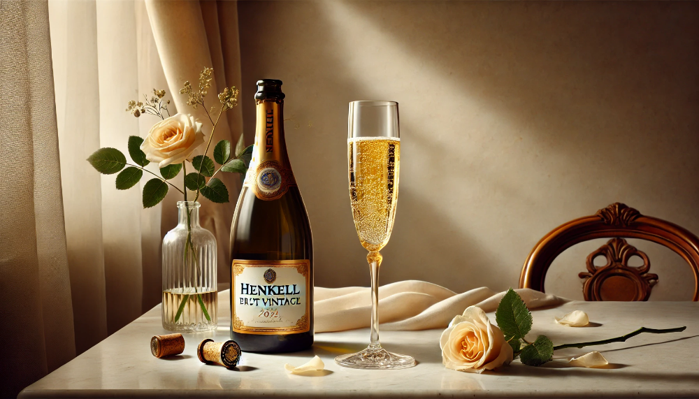 Пляшка Henkell Brut Vintage та келих флюте з ігристим вином на мармуровому столі з пелюстками троянд у м'якому освітленні.