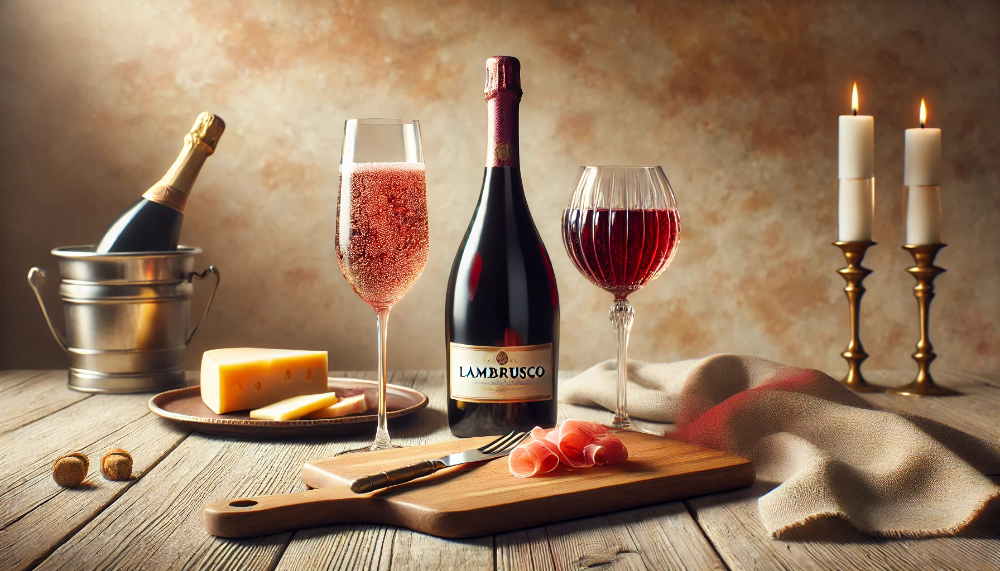 Пляшка рубінового Lambrusco з келихами на дерев'яному столі, прикрашена закусками з пармезану та прошуто на тлі тосканської стіни.