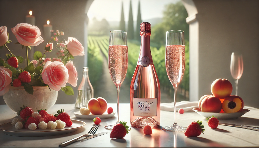 Пляшка Prosecco Rosé Zonin DOC з келихами флюте, свіжими ягодами та персиками на мармуровому столі.