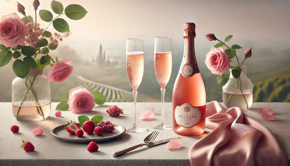 Пляшка Zonin Prosecco Rosé Millesimato з келихами флюте на мармуровому столі з ягодами та пелюстками троянд.