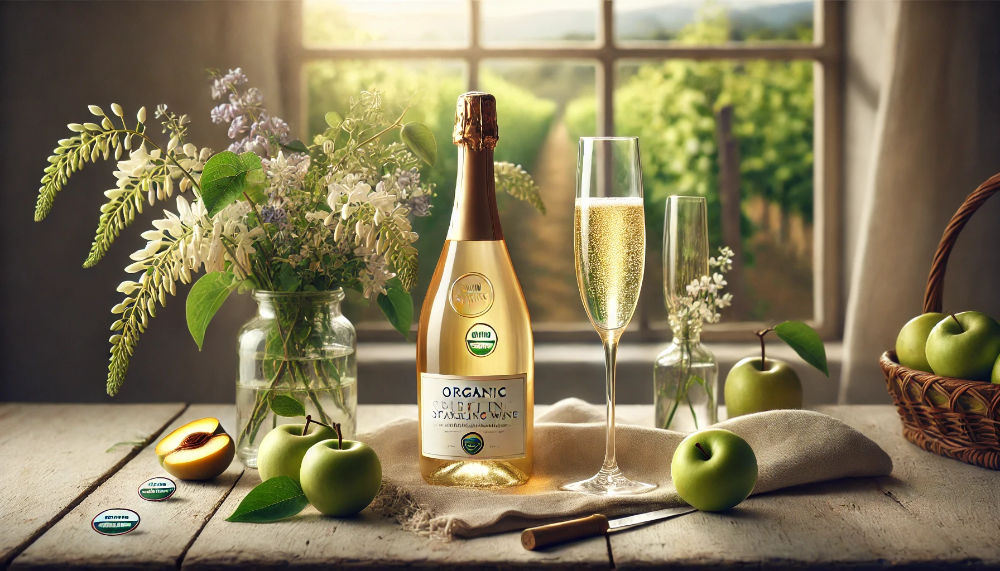 Пляшка Zonin Prosecco Organic з келихами флюте на дерев'яному столі з органічними фруктами та квітами.