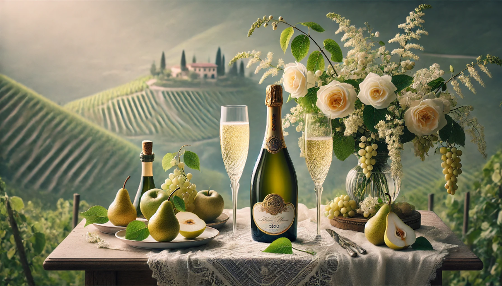 Пляшка Zonin Valdobbiadene Prosecco Superiore з келихами флюте на мармуровому столі з квітами та фруктами.