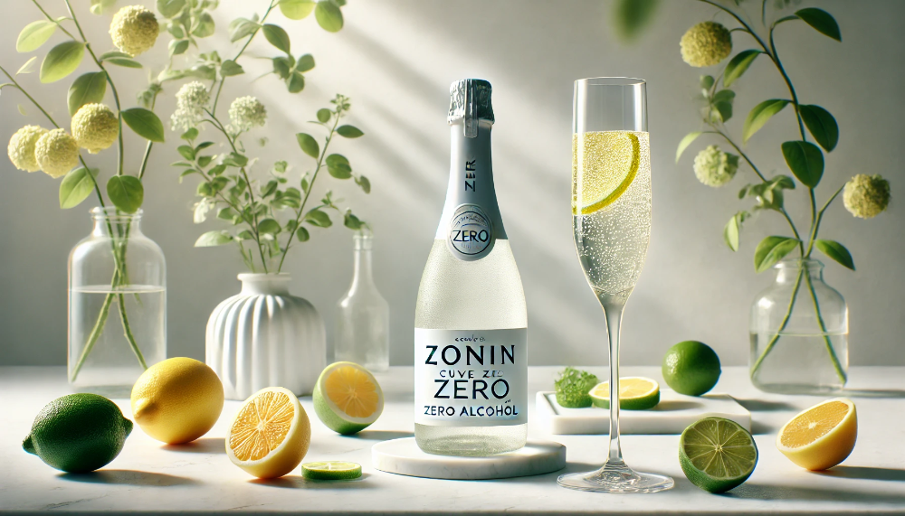 Пляшка безалкогольного Zonin Cuvée Zero та келих з ігристим напоєм на мармуровому столі в оточенні свіжих цитрусових.