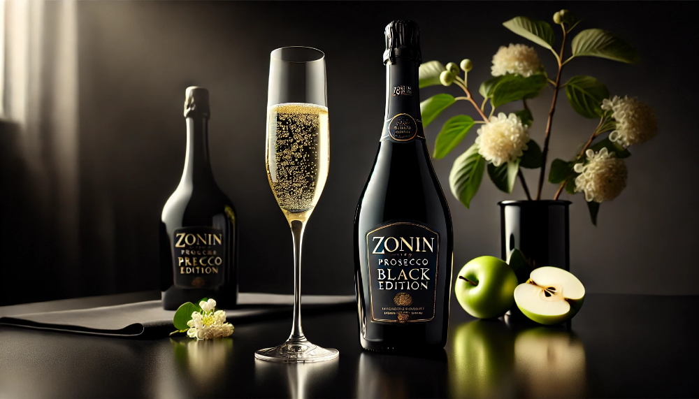 Чорна пляшка Prosecco Black Edition та келих з ігристим вином на чорному столі, прикрашені зеленими яблуками та квітами акації.