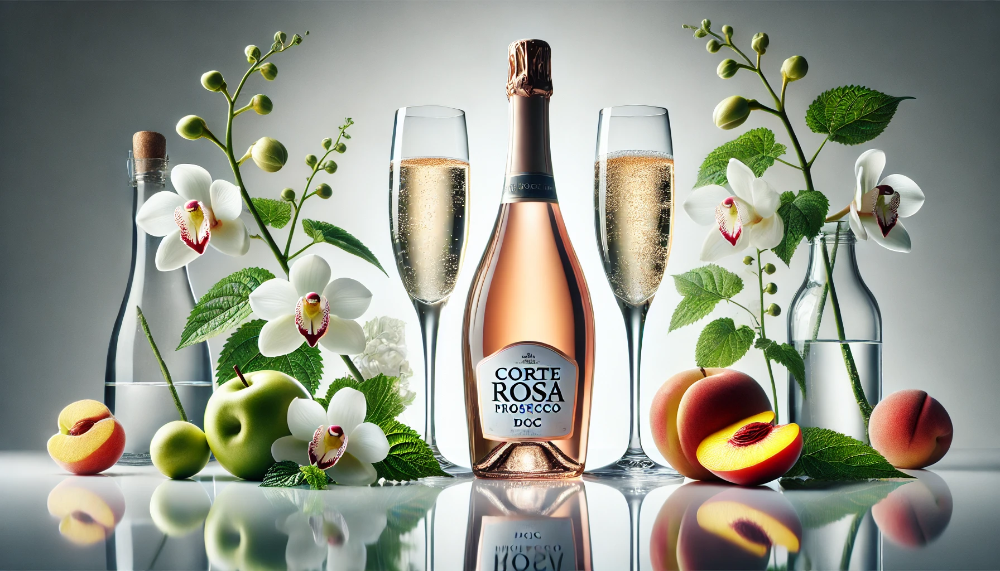 Пляшка Corte Rosa Prosecco DOC з келихами на білому фоні в оточенні свіжих фруктів та білих квітів