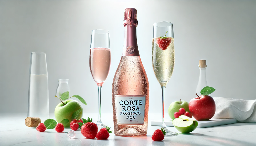 Пляшка Corte Rosa Prosecco DOC з двома фужерами на білому мармурі в оточенні свіжих ягід та яблук