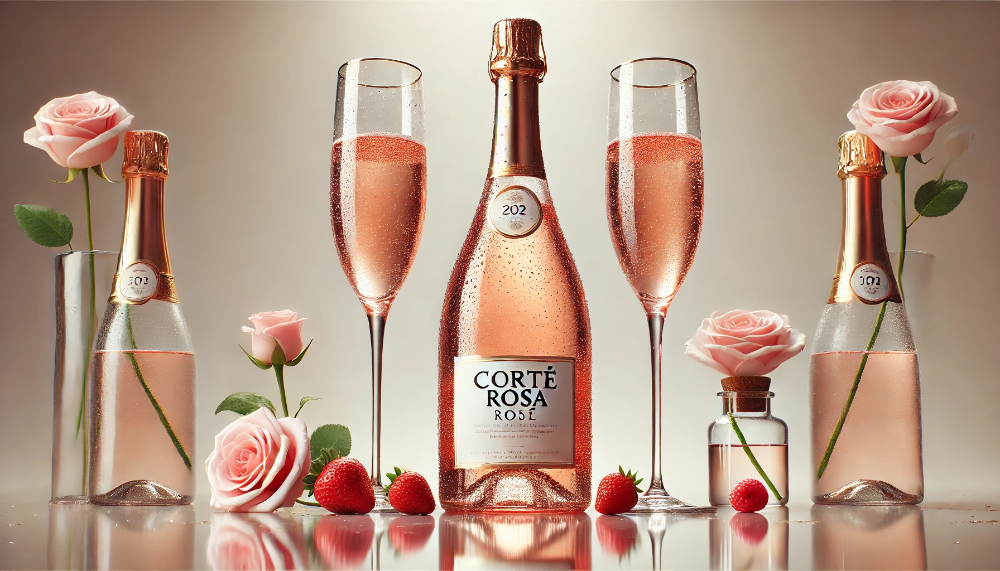 Пляшка Corte Rosa Rosé з двома келихами ігристого вина на світлому фоні в оточенні свіжих ягід та троянд