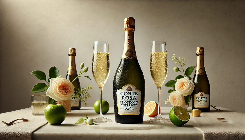 Пляшка Corte Rosa Prosecco Superiore DOCG з келихами на мармуровому столі в оточенні фруктів та квітів