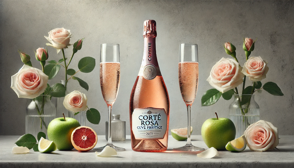 Пляшка Corte Rosa Cuvée Prestige з келихами на мармуровому столі в оточенні яблук, цитрусових та троянд