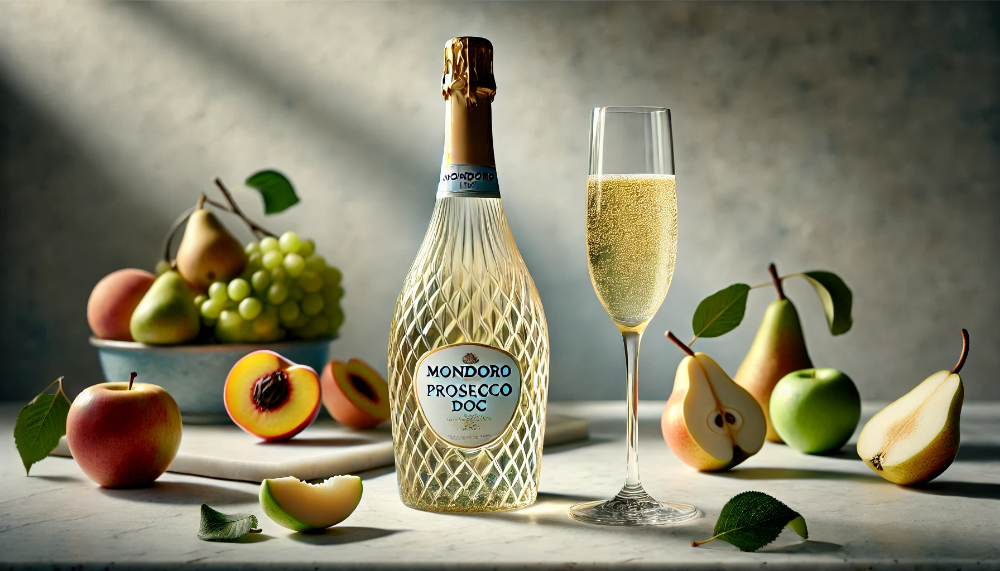 Елегантна пляшка Mondoro Prosecco DOC на мармуровому столі з келихом ігристого та свіжими фруктами в теплому денному світлі