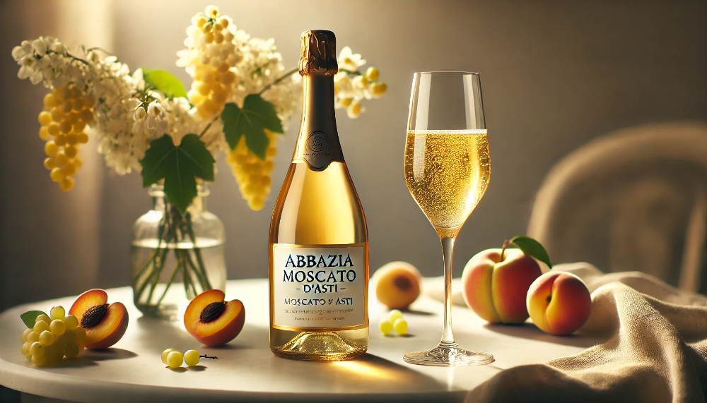 Пляшка Abbazia Moscato d'Asti на мармуровому столі з келихом золотистого ігристого, персиками та квітами акації