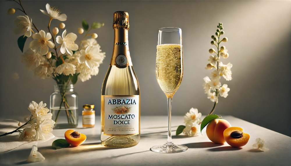 Пляшка Abbazia Moscato Dolce на мармуровому столі з келихом золотистого ігристого, квітами акації та свіжими фруктами