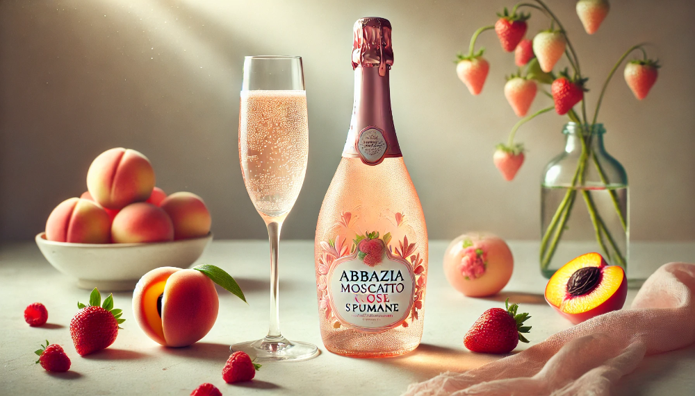 Пляшка Abbazia Moscato Rose Spumante на мармуровому столі з келихом рожевого ігристого та свіжими ягодами