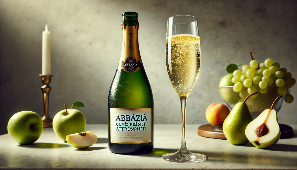 Пляшка Abbazia Cuvee Prestige Atmosphere на мармуровому столі з келихом прозорого ігристого та свіжими фруктами