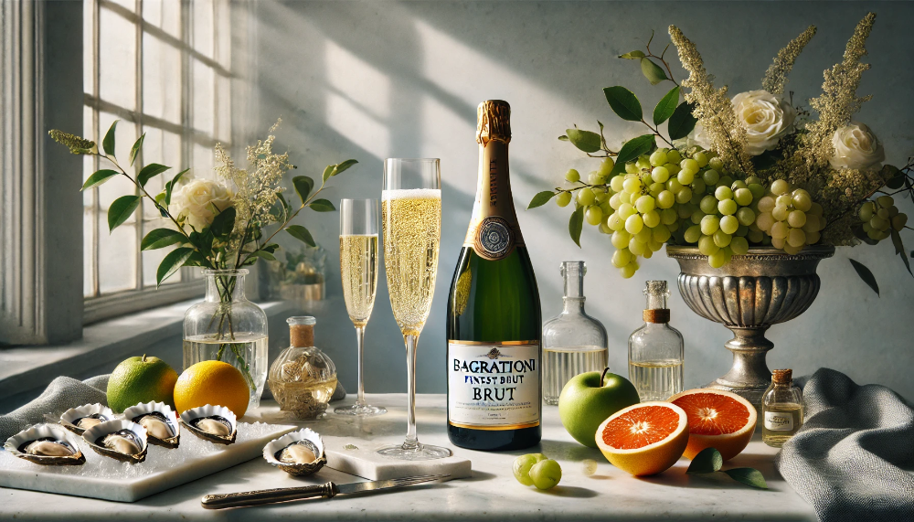 Пляшка Bagrationi Finest Brut та келихи ігристого вина з устрицями та цитрусовими на мармуровому столі