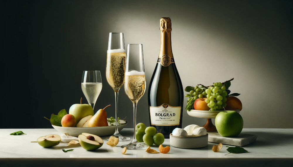 Пляшка Bolgrad Prosecco та келихи ігристого з фруктами та легкими закусками на мармуровому столі