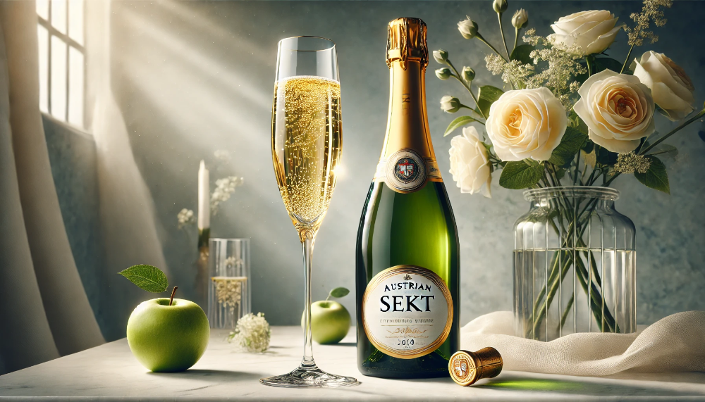 Пляшка австрійського Sekt та келих з прозоро-золотистим ігристим вином на мармуровому столі