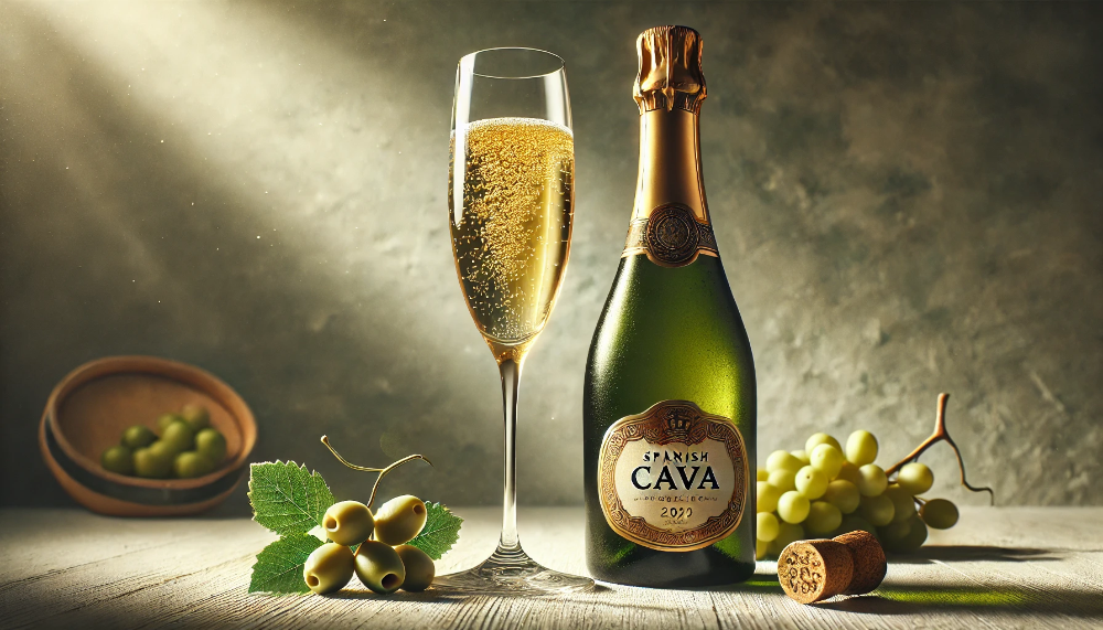 Пляшка іспанської Cava та келих із золотистим ігристим вином на світлому дерев'яному столі з оливками