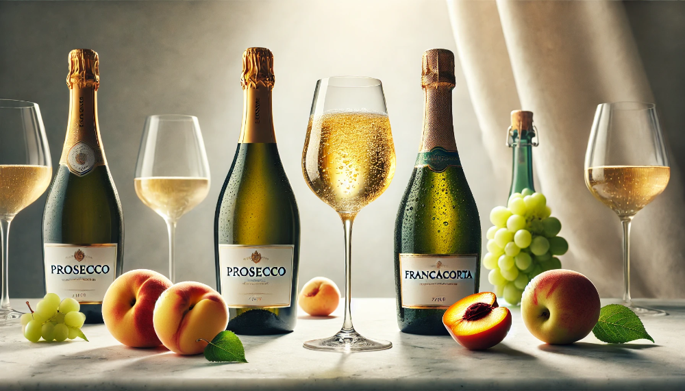 Пляшки Prosecco та Franciacorta з наповненими келихами на мармуровій поверхні серед фруктів