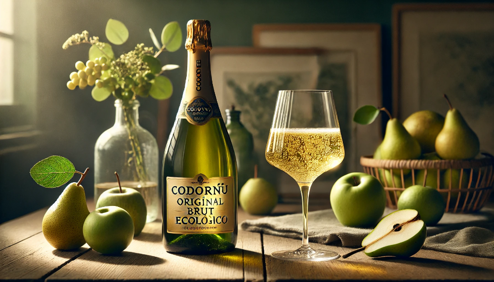 Пляшка органічного ігристого Codorníu Cuvée Original Brut Ecológico з келихом на дерев'яному столі з фруктами