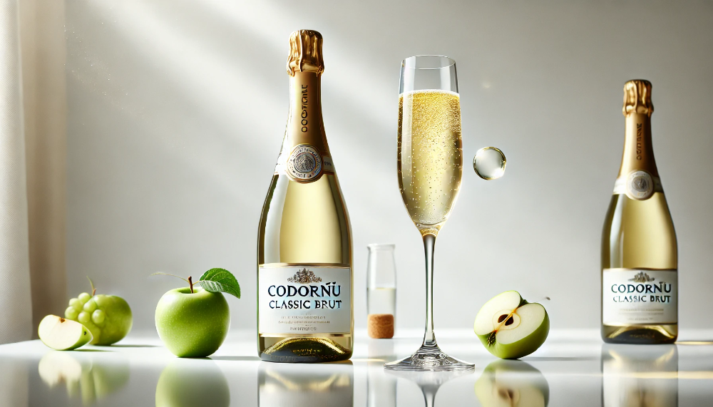 Пляшка ігристого Codorníu Classic Brut з келихом флюте на світлому фоні з зеленими яблуками