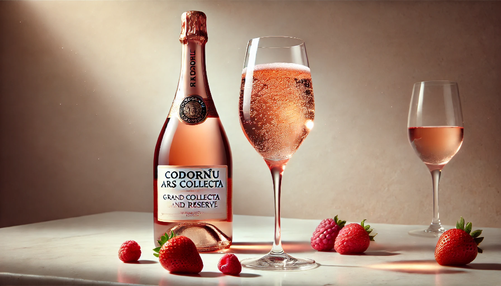 Пляшка преміального ігристого вина Codorníu Ars Collecta Grand Rosé Reserve на мармуровому столі з келихом та свіжими ягодами