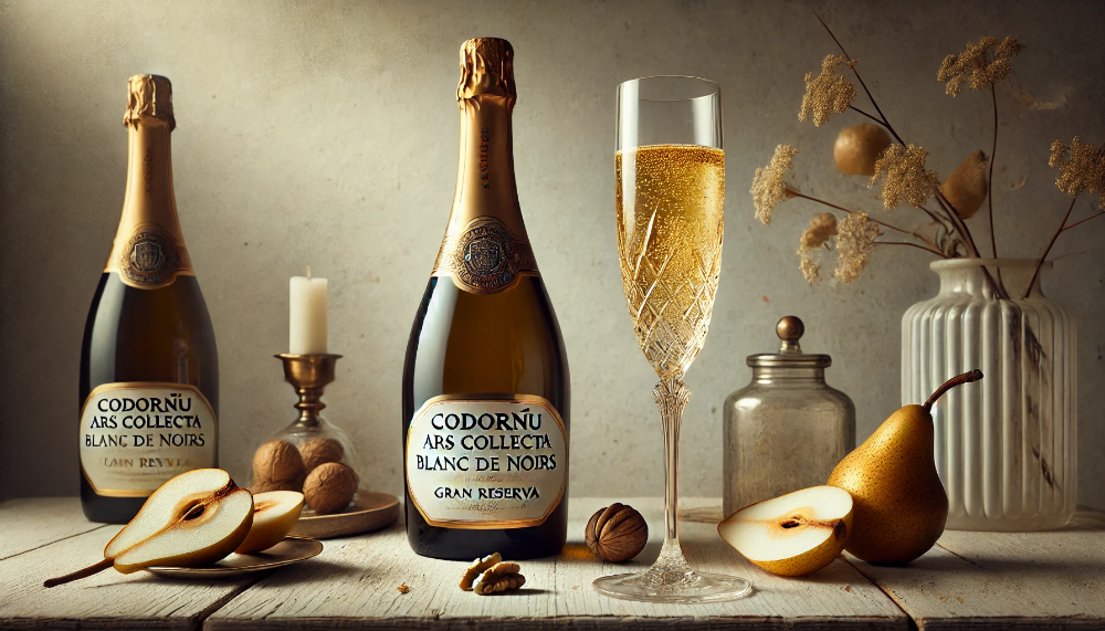 Пляшка ігристого вина Codorníu Ars Collecta Blanc de Noirs Gran Reserva з келихом на дерев'яному столі