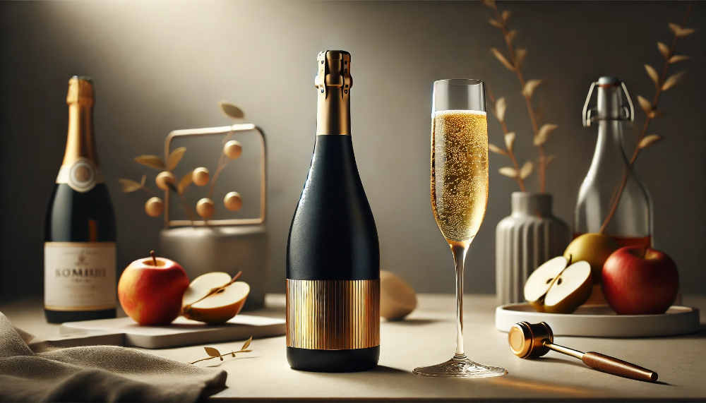 Матова чорна пляшка Freixenet Cordón Negro Brut та келих флюте з ігристим вином на мармуровому столі із фруктами