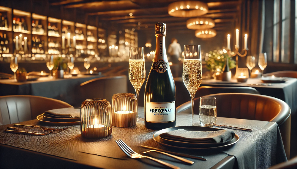 Пляшка Freixenet на розкішному столі ресторану, келихи з ігристим вином, свічки, вишукана сервіровка