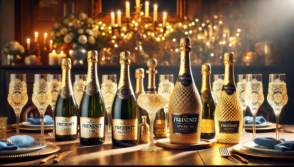 Колекція ігристих вин Freixenet на столі з келихами у святковій атмосфері