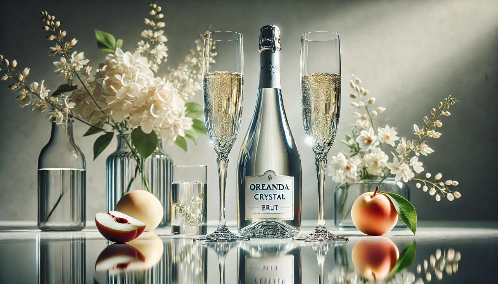 Пляшка Oreanda Crystal Brut та келихи з ігристим вином на прозорій поверхні в оточенні білих фруктів та квітів