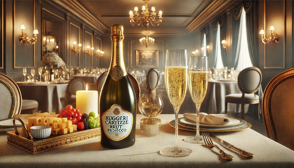 Пляшка Ruggeri Cartizze Brut на елегантному столі з келихами Prosecco, сирною тарілкою та розкішною атмосферою італійського ресторану