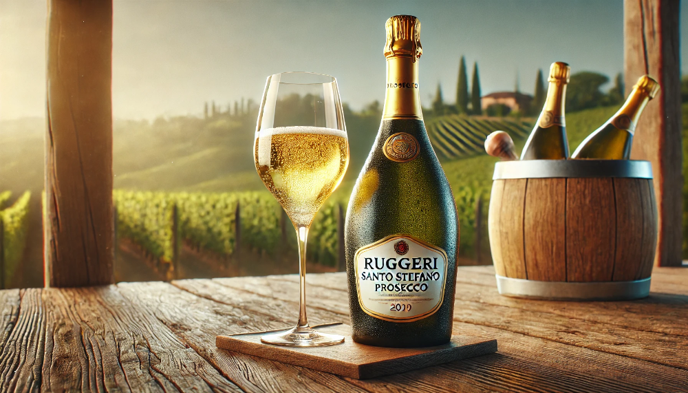 Пляшка Ruggeri Santo Stefano Prosecco з келихом вина на фоні мальовничого виноградника Valdobbiadene, Італія.