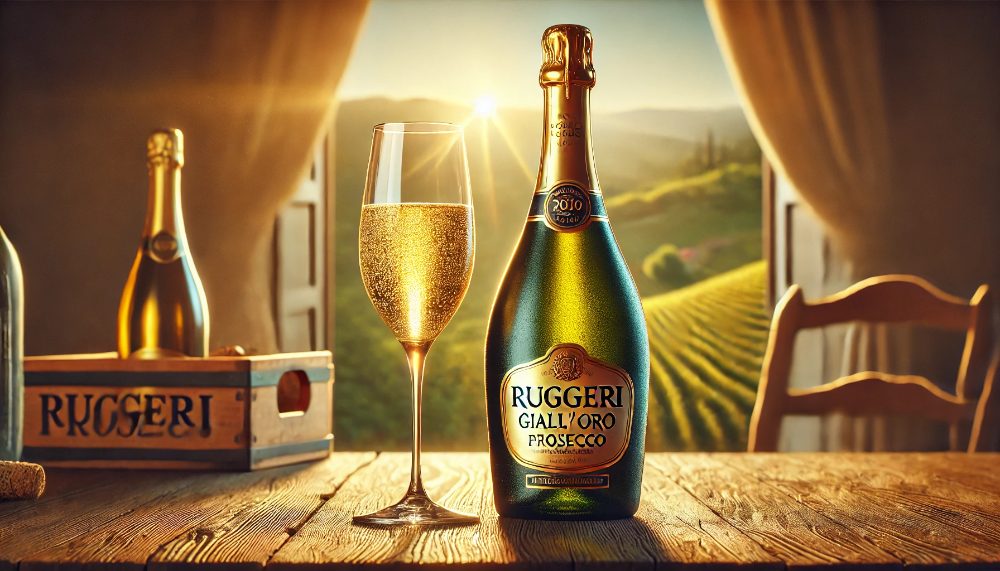 Пляшка Ruggeri Giall’Oro Prosecco на дерев’яному столі з келихом ігристого вина, на фоні італійського виноградника при заході сонця