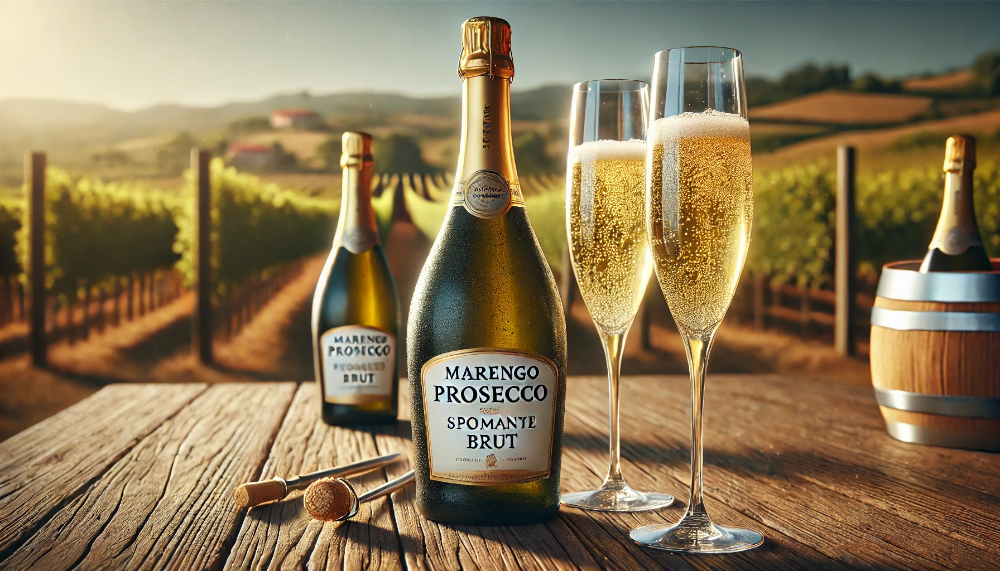 Холодна пляшка Marengo Prosecco з келихами, наповненими ігристим вином, на тлі мальовничого виноградника