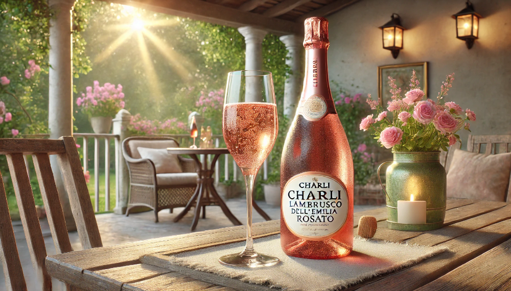 Фотографія пляшки Chiarli Lambrusco dell'Emilia Rosato з келихом рожевого вина на відкритій терасі, серед квітучого саду та теплого сонячного світла, створюючи атмосферу романтики і легкості.