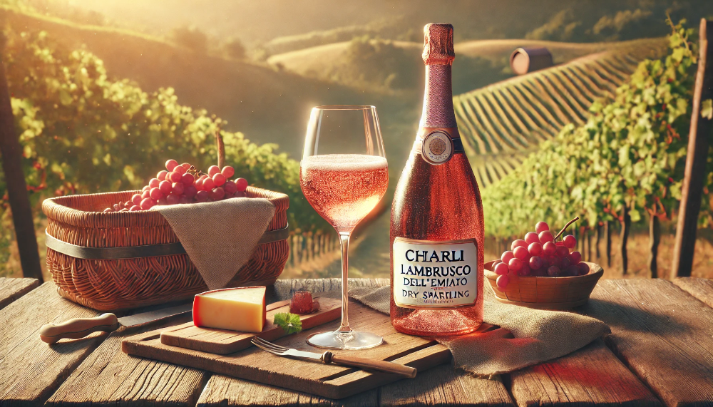 Фотографія пляшки Chiarli Lambrusco dell'Emilia Rosato Dry з келихом рожевого вина на сільському столі серед виноградників, поруч із кошиками винограду та сиром у теплих сонячних променях.