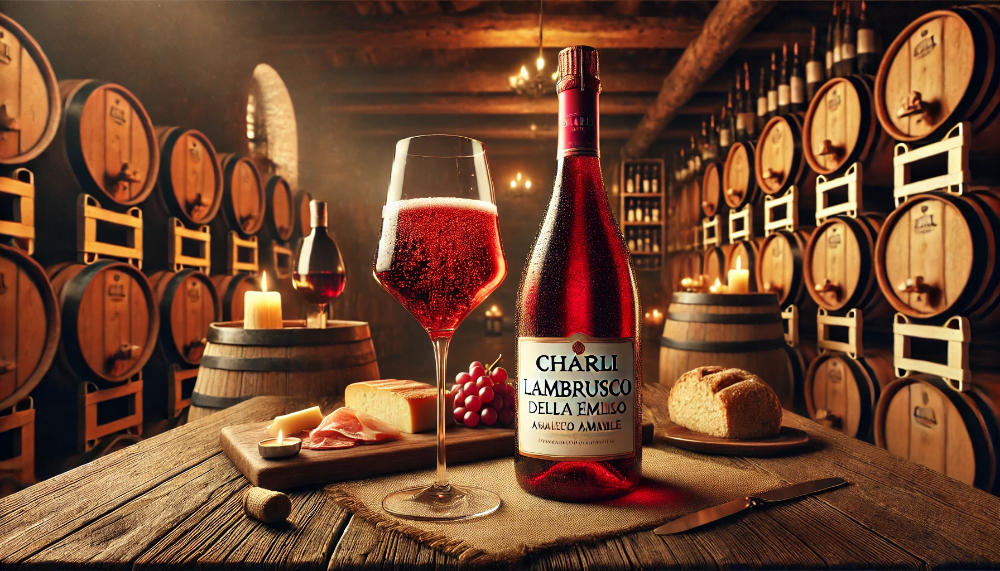 Фотографія пляшки Chiarli Lambrusco dell'Emilia Rosso Amabile з келихом насиченого червоного вина на дерев'яному столі серед сиру, хліба та м'ясних делікатесів у затишному винному погребі