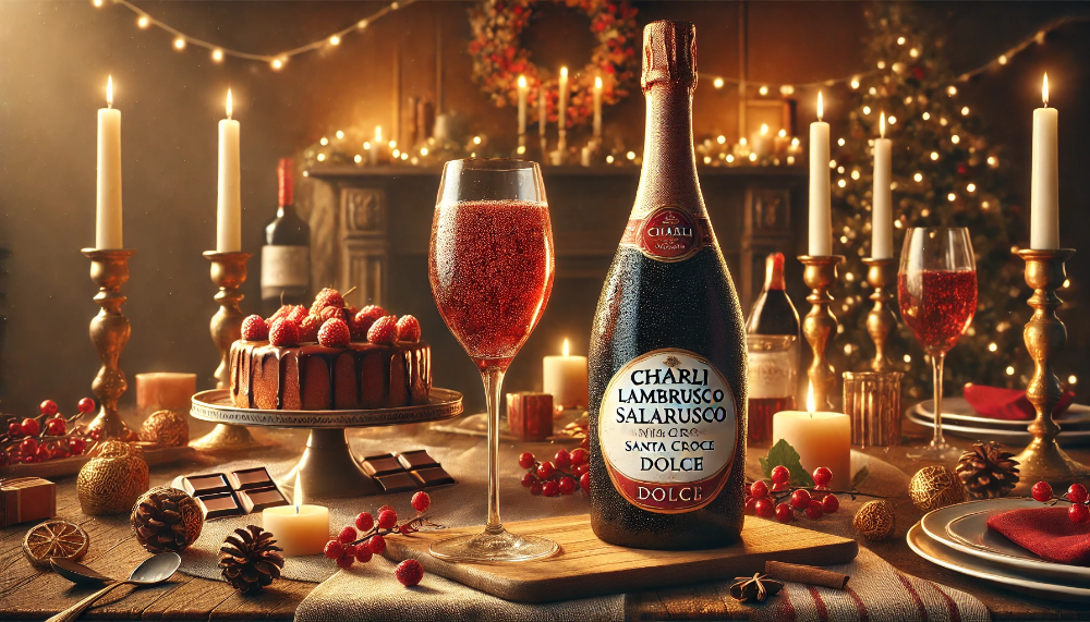 Фотографія пляшки Chiarli Lambrusco Salamino di Santa Croce Dolce з келихом червоного вина на святковому столі, поруч із шоколадом, ягодами та італійськими десертами