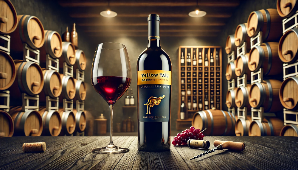 Зображення пляшки вина Yellow Tail Cabernet Sauvignon на темному дерев’яному столі в елегантному винному погребі, поруч келих із насичено-червоним вином