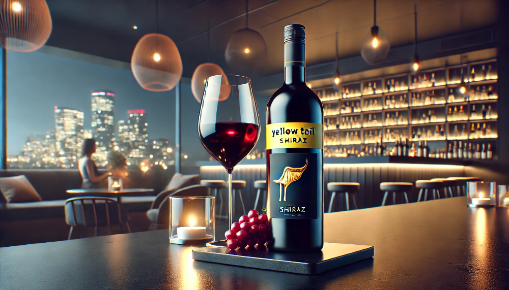 Зображення пляшки вина Yellow Tail Shiraz на чорній мармуровій стільниці у стильному лаунжі на даху, поруч келих із рубіново-червоним вином