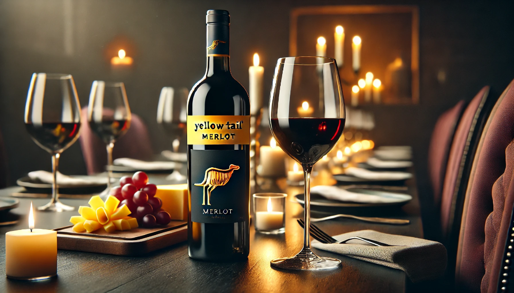 Зображення пляшки вина Yellow Tail Merlot на темному дерев’яному столі, поруч келих із насичено-червоним вином