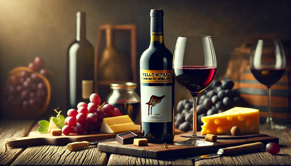 Пляшка Yellow Tail Cabernet Merlot з келихом вина, сирною дошкою, виноградом та шоколадом на дерев’яному столі при теплому освітленні