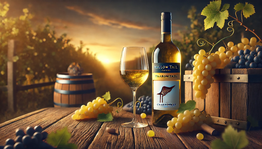 Пляшка Yellow Tail Chardonnay на дерев’яному столі, келих вина та грона винограду на фоні теплого заходу сонця