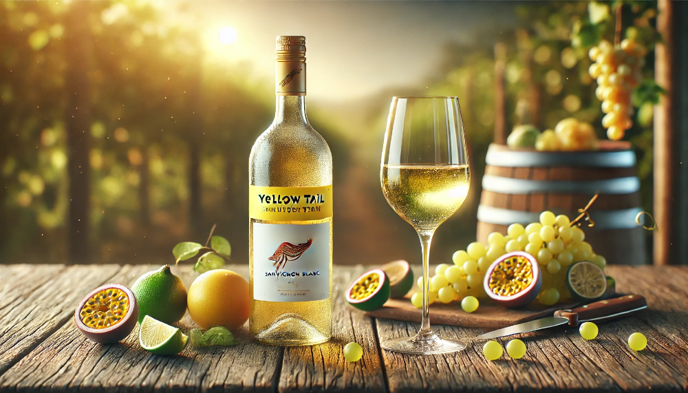 Бутилка Yellow Tail Sauvignon Blanc на дерев’яному столі з виноградом, лаймом та келихом вина на тлі виноградника