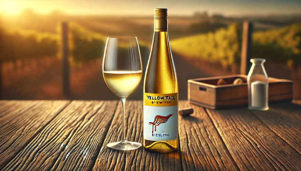 Бутилка Yellow Tail Riesling на дерев'яному столі з келихом вина, виноградником на фоні та теплим природним освітленням