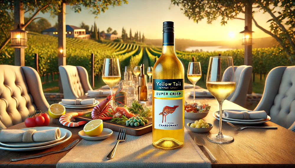 Охолоджене Yellow Tail Super Crisp Chardonnay на столі з виноградниками та морепродуктами на заході сонця